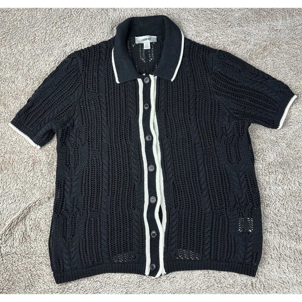 Jason Wu Black Crocheted Cable Knit Button-Down Shirt Size L - Picture 2 of 11